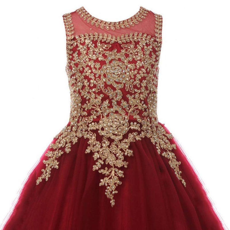 WDE Formal Little Girls Long Pageant Dresses Prom Ball Gown Gold Lace Burgundy Tulle Size 4 - Image 2